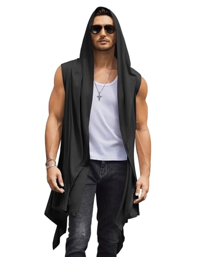 COOFANDY Men's Long Hooded Cardigan Sleeveless Ruffle Shawl Collar Lightweight Open Front Drape Kimono Vest