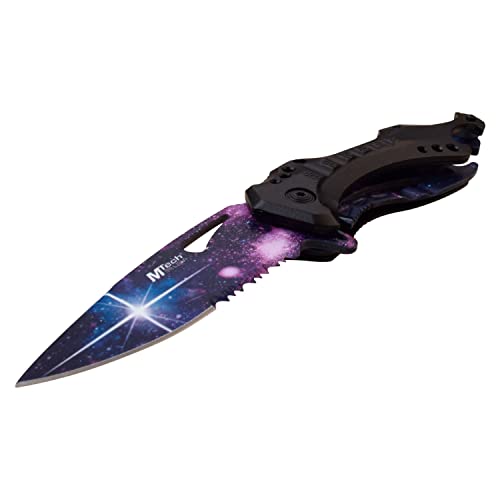 MTECH USA Folding Knife, 3.75-Inch Half-Serrated Blade, Titanium Coating, Glass Breaker, Pocket Clip