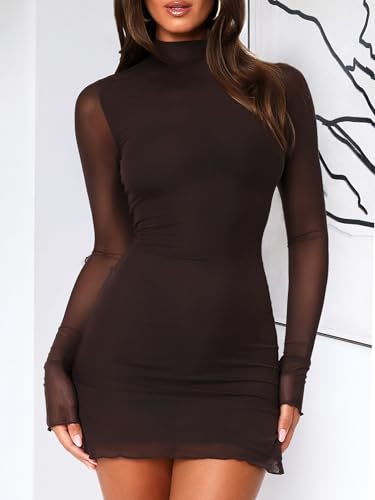 OZICERD Women Long Sleeve Bodycon Mini Dress Mock Neck Sheer Mesh Slit Going Out Dress Fall Rave Club Cocktail Party Dresses