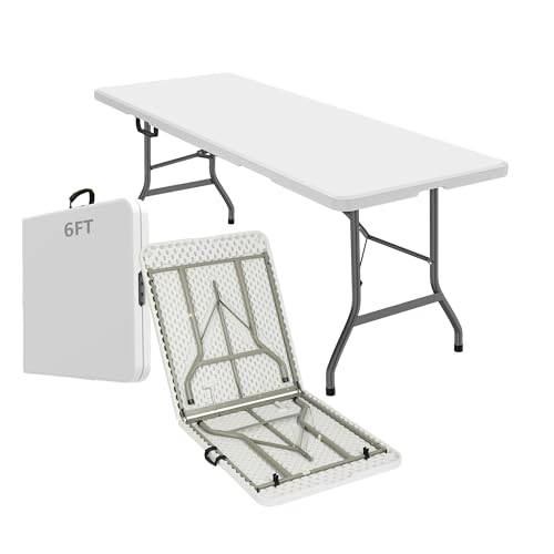 ONUUNPY 6ft Heavy Duty Portable Folding Table - Plastic Dining Table Indoor/Outdoor White Plastic Table for Parties, BBQs,...