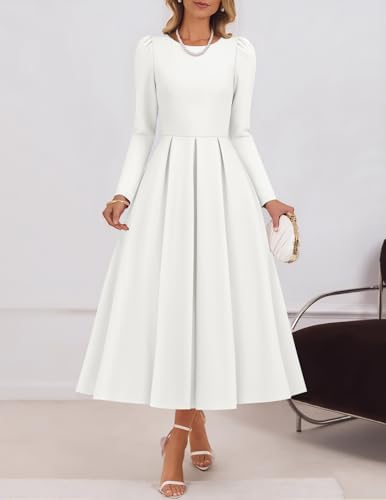 ZESICA Women's Long Sleeve Midi Dresses 2026 Fall Elegant Crewneck Swing A Line Wedding Guest Party Dress with Pockets
