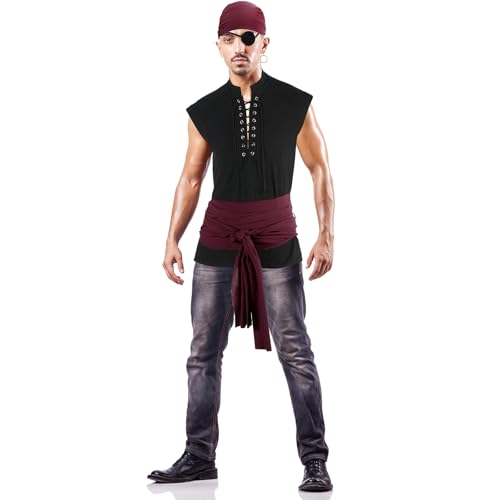 Boyiee 5 Pcs Men Pirate Costume Set for Women Adult Medieval Renaissance Shirt Bandana Sash Belt for Halloween Cosplay Party