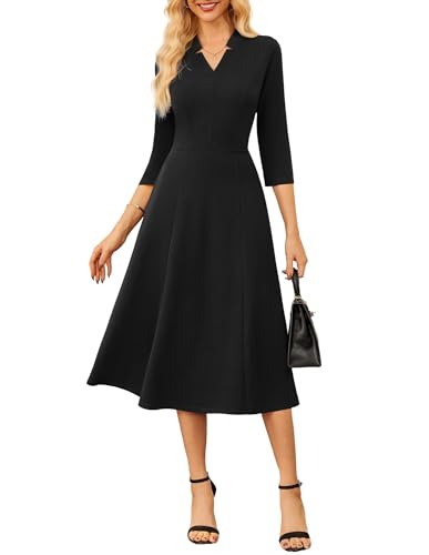 GRACE KARIN Work Dresses for Women 2025,Midi Business Dress,3/4 Sleeve Classy Fit and Flare Dress with Pocket