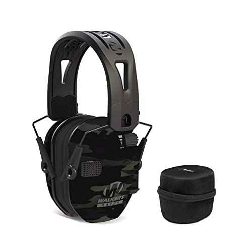 Walkers Tacti-Grip Lightweight Shooting Hunting Range Slim Hearing Protection Muff with Rubber Headband (Multi Camo Gray) Bundle with Protective Case (2 Items)