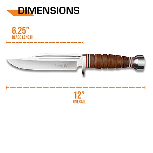 Elk Ridge - Outdoors Fixed Blade Knife - 12-in Overall, 6.25-in Stainless Steel Blade, Full Tang Knife, Leather Wrapped Ha...