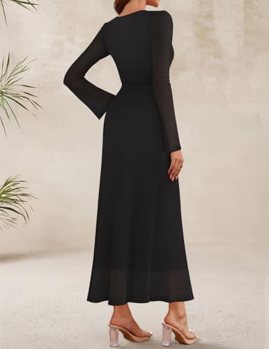 ZESICA Women's Long Sleeve Floral Bodycon Dress 2026 Spring Fall Ruched Mesh Wedding Guest Cocktail Party Maxi Dresses