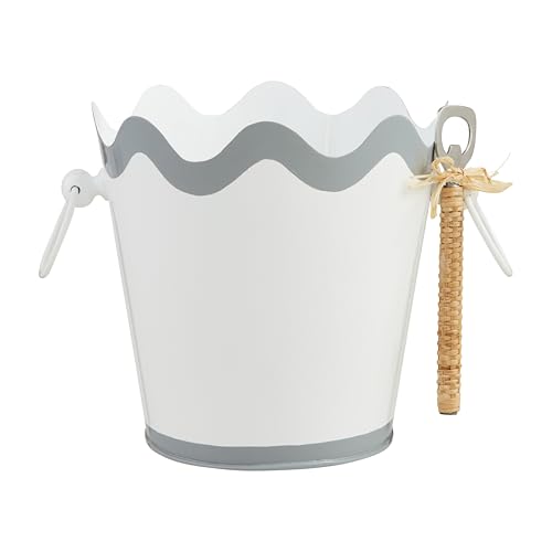 Mud Pie Scalloped Ice Bucket Set; bucket 7 1/2" x 7 1/2" dia | opener 6 1/2"