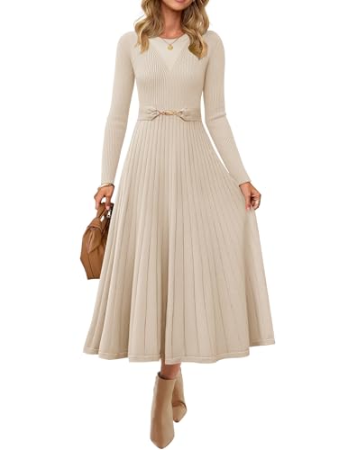 ZESICA Women's Long Sleeve Midi Sweater Dress 2026 Fall Crewneck Knit A Line Pleated Flowy Long Dresses with Belt