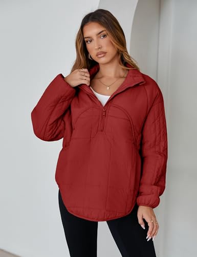 Daacee 2025 Oversized Lightweight Quilted Pullover Jacket for Women Half Zip Up Puffer Jackets Padded Outwear XS-2XL
