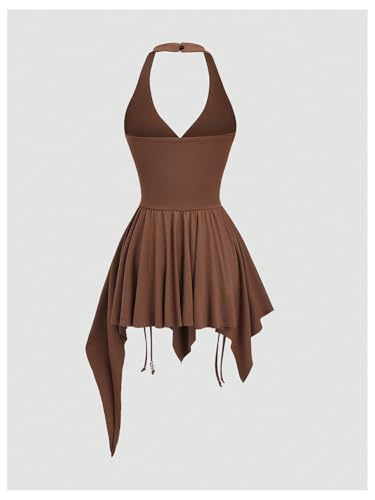 WDIRARA Women's Punk Halter Mini Dress Western Asymmetrical Ruffle Sleeveless Drawstring Ruched A Line Dresses