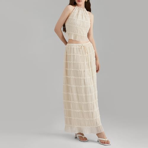 Argeousgor 2 Piece Maxi Skirt Set for Women Lace Up Back Tank Tops Tie Up High Waist Long Skirt Set