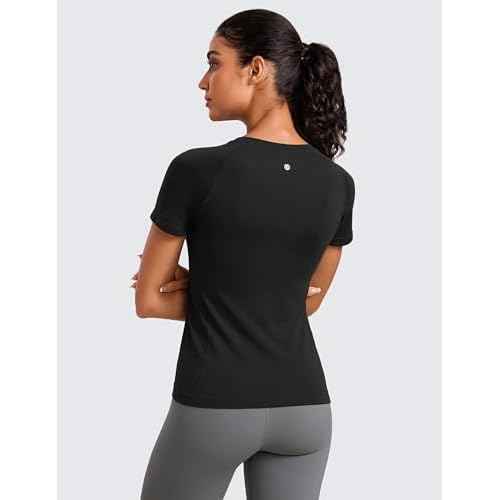 CRZ YOGA Seamless Workout Tops for Women Hip Length - Athletic Running Gym Yoga Short Sleeve Shirts Breathable Crewneck Tees