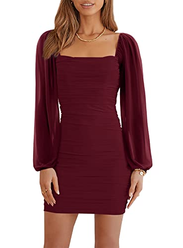 Wenrine Women's Mesh Long Sleeve Square Neck Ruched Party Club Cocktail Bodycon Mini Dress