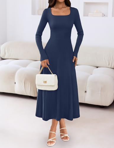 MEROKEETY Women's Sweater Dress 2025 Fall Winter Casual Long Sleeve Square Neck Pleated Church Work Knit Midi Dresses
