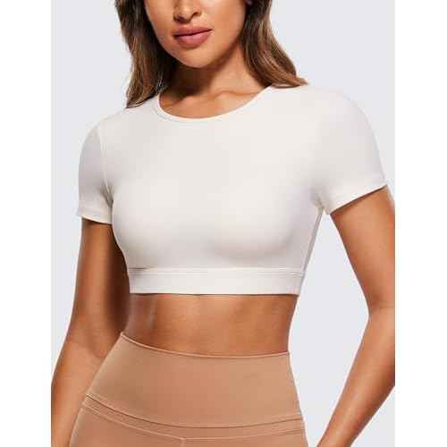 CRZ YOGA Womens Butterluxe Double Lined Open Back Crop Tops Backless Short Sleeve Workout Shirts Casual Tight T-Shirts