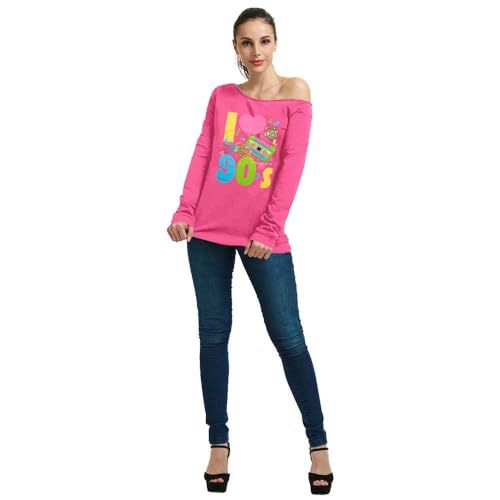 QLIPIN 80s 90s Outfits for Women 80's Theme Party Long Sleeve Shirt 90s Off the Shoulder Sweatshirt Retro Neon Disco Pullover