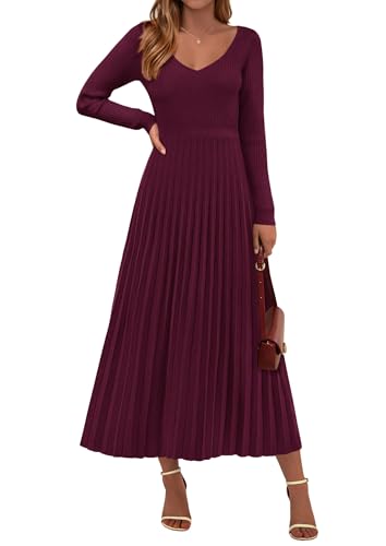 PRETTYGARDEN Women Sweater Dress Fall Fashion 2026 Long Sleeve V Neck Ribbed Knit Pleated A Line Elegant Maxi Winter Dresses