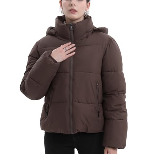 PUFFIT Women's Cropped Puffer Jackets,Warm Winter Jacket with Removable Hood,Zipped Pockets,Short Ladies Quilted Coat