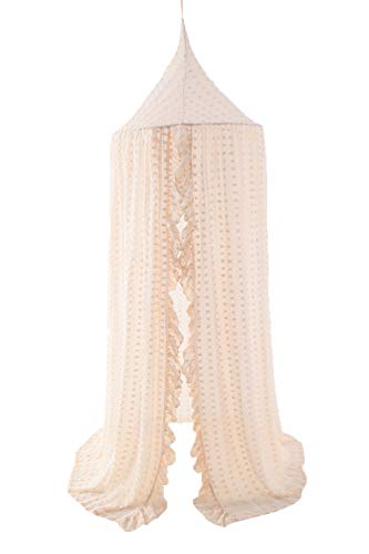 Wonder Space Elegant Kids Bed Canopy - Lace Chiffon Netting with Pom Pom, Princess Girls Fairy Dream Tent, Nursery Room Ba...