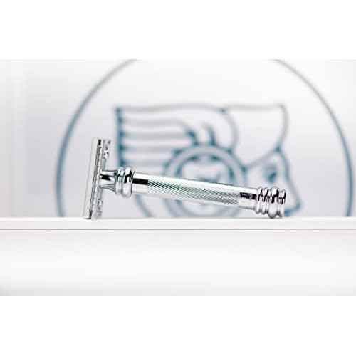 MERKUR 38C Double Edge Safety Razor - Bright Chrome, Extra Large Barber Pole Grip Brass Handle, Made in Germany, Plastic-Free, Two Piece Design, Closed Comb, Straight Bar
