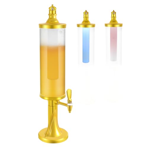 JAYGOVAN Beer Dispenser 3L/102oz Beer Beverage Dispenser with Ice Tube and LED Light Mimosa Tower with Spigot, Gold Clear ...