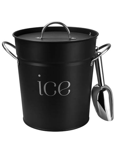 3Qt Black Galvanized Ice Bucket with Lid, Scoop & Handles - Ideal for Cocktails, Parties, BBQs, Wine & Champagne. Double-L...