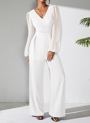 Pink Queen Jumpsuits for Women Dressy Patchwork Chiffon Sleeve V Neck Wide Leg Romper Holiday Party Outfits