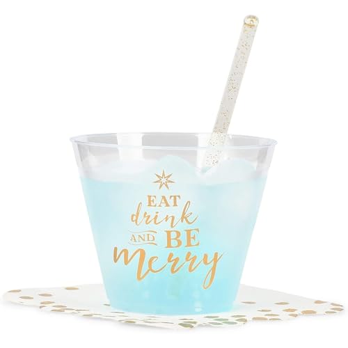 Sparkle and Bash Clear Plastic Cups - Festive Print for Eat, Drink & Be Merry Party Supplies - Durable Plastic Cocktail Gl...