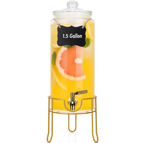 DHSBTLS 1.5 Gallon Glass Drink Dispensers, Round Beverage Dispenser for Party, BBQ and Picnic, Clear Airtight Juice Dispen...