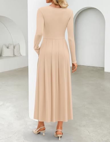 ZESICA Women's Elegant Long Sleeve Maxi Dress 2026 Fall Crewneck Knit High Wasit Pleated Flowy A Line Casual Party Dresses
