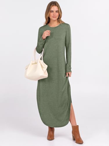 ANRABESS Women's Long Sleeve Maxi Dresses 2025 Fall Outfits Casual Loose Split Travel Vacation T Shirt Dress with Pockets