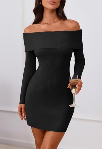 MEROKEETY Women's Sexy Off Shoulder Sweater Dress 2026 Winter Spring Long Sleeve Bodycon Club Night Out Mini Dresses