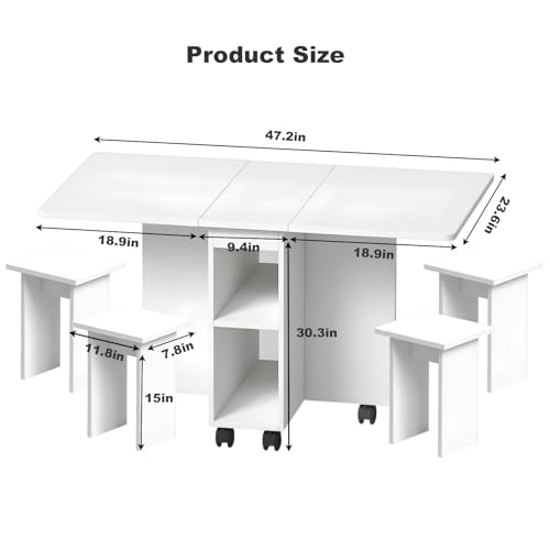 LUMISOL Folding Dining Table Set for 4, Drop Leaf Kitchen Table Set with 4 Chairs, Storage and 6 Wheels, Space Saving Dini...