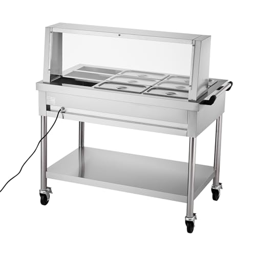 VEVOR 9-Pan Commercial Food Warmer, 9 x 1/3 Pans Electric Steam Table, 1500W Professional Buffet Catering Food Warmer with Shield Undershelf Wheels, Stainless Steel Server for Party Restaurant