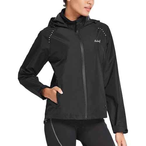 baleaf Women's Rain Jackets Waterproof Windbreaker Packable Running Lightweight Cycling Jacket Reflective Hooded