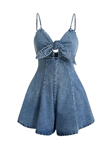 OYOANGLE Women's Vintage Bowknot Spaghetti Strap Denim Romper Sleeveless Wide Leg Jean Short Jumpsuits