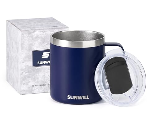 SUNWILL Insulated Coffee Mug with Lid, Travel Tumbler with Handle, 14oz Stainless Steel Cup for Camping, Office, Home, Pow...