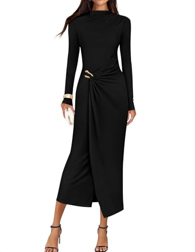 ZESICA Women's 2026 Spring Long Sleeve Bodycon Dress Mock Neck Wedding Guest Cocktail Party Long Midi Dresses
