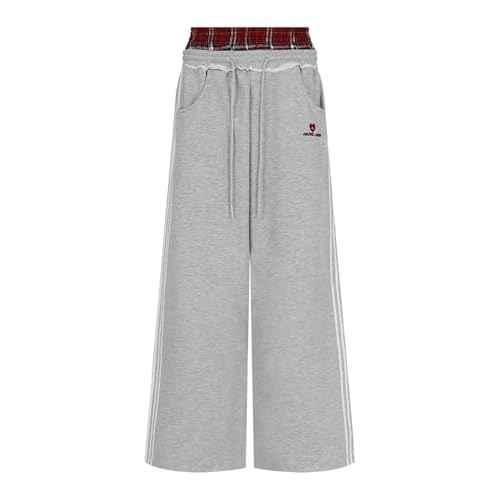 Aelfric Eden Baggy Wide Leg Sweatpants for Women Plaid Patchwork Sweat Pants Loose Long Pants with Pockets