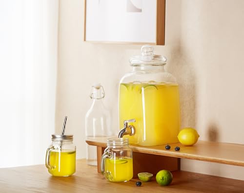 Kook Glass Drink Dispenser, with Leak-Proof Stainless Steel Spigot and Customizable Label Tag, Clear Mason Jar, Beverage S...