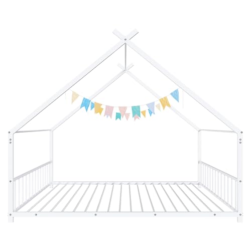 Twin Floor House Bed with Storage Shelf, Wood Twin Bed Frames with Headboard & Guardrail, Montessori Floor Bed with Wooden Slat Support for Boys Girls, White