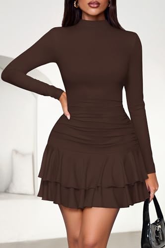 PRETTYGARDEN Womens Spring Long Sleeve Dresses 2026 Mock Neck Ruched Y2K Clothes Ruffle Layered Bodycon Mini Party Dress