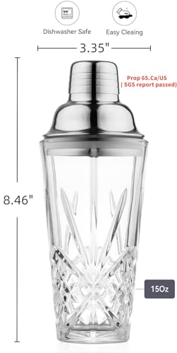 Fioance Glass Cocktail Shaker, 15oz Cutting Design - Exquisite Martini Shaker for Elevated Mixology. Perfect for Christma...