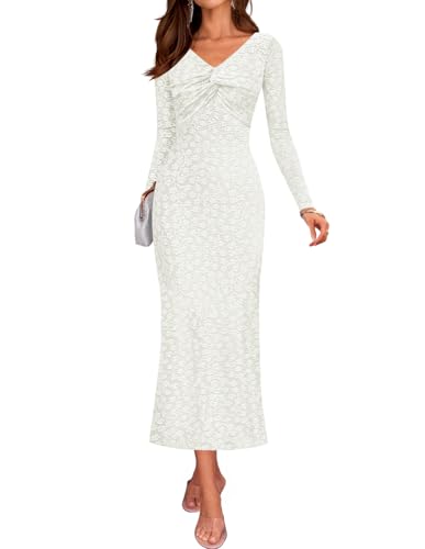 ZESICA Women's Fall Floral Long Sleeve Bodycon Dress 2026 Elegant V Neck Cocktail Party Long Midi Dresses