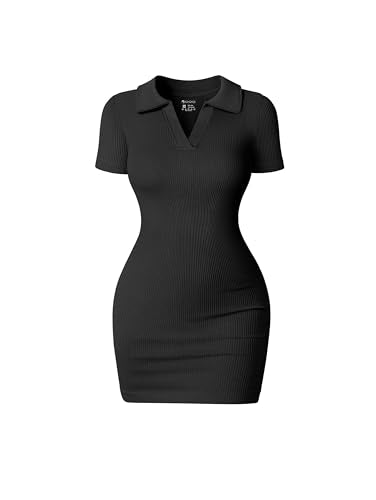 OQQ Women's Mini Dresses Sexy Ribbed Short Sleeve Tummy Control Bodycon Mini Dress