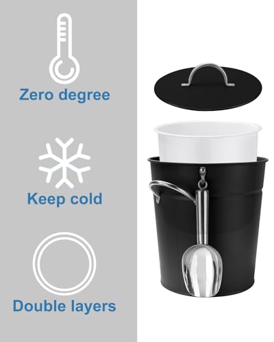 3Qt Black Galvanized Ice Bucket with Lid, Scoop & Handles - Ideal for Cocktails, Parties, BBQs, Wine & Champagne. Double-L...