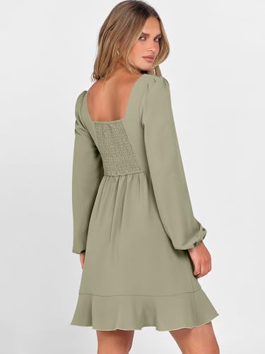 ANRABESS Womens Dress Long Sleeve Square Neck Tie Waist Ruffle Hem Short Cocktail Wedding Guest Fall Party Club Mini Dresses