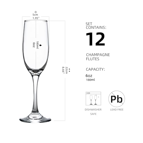 YANGNAY Champagne Glasses, Champagne Flute Glass Set of 12, Clear Champagne Flutes for Party, Home, Restaurant Use, 6 oz C...
