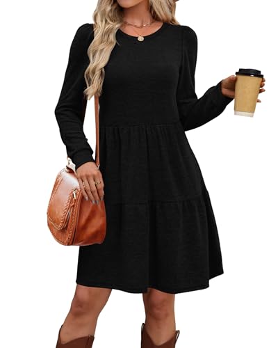 OFEEFAN Womens Long Sleeve Fall Dresses with Pockets Crew Neck Babydoll Casual Winter Dress 2025