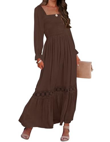 ZESICA Women's 2026 Boho Long Sleeve Square Neck Smocked High Waist Flowy A Line Lace Trim Maxi Dress